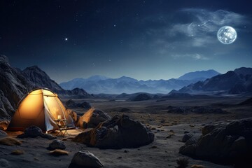 Wall Mural - Asteroid Base: Camping on a small asteroid with a panoramic view of space.