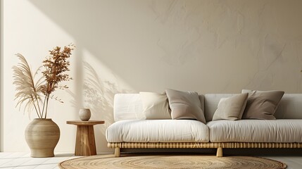 Wall Mural - Beige sofa and side table against beige wall in a living room interior, 3D rendering mock up with copy space for text or product display presentation of a home design concept.
