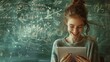 © mongkonchai - A young woman has a happy expression on her tablet phone. Then there were many mathematical images and physical formulas flying out, against the same colored background.