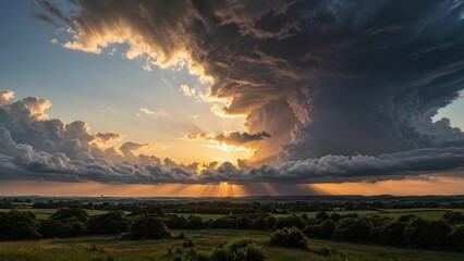 Canvas Print - Dramatic Sunset Sky Over Green Landscape.