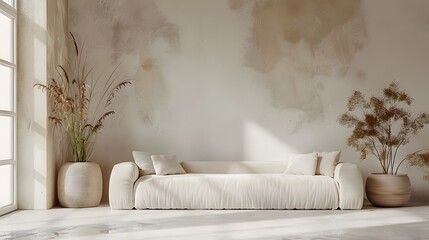 Wall Mural - Modern living room with a white sofa and copy space on a beige wall background. Minimalist home interior design of a modern apartment.