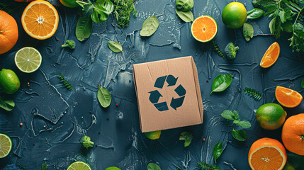 Sticker - Eco-Friendly Food Packaging Concept Recycling Symbol on Cardboard with Fresh Fruits and Vegetables on Dark Blue Background.