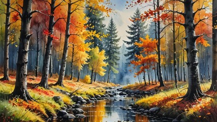 Poster - Autumn Forest Stream Watercolor Painting.