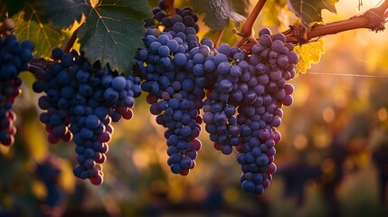 Wall Mural - Vibrant clusters of grapes hanging from vineyard vines, the morning light casting a gentle glow on their plump, purple skins, embodying the essence of harvest time.