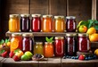 © Yaroslava - colorful homemade jam jars wooden table fresh preserves labels sale, fruits, glass, delicious, food, sweet, spread, handmade, organic, fruit, rustic, container, assortment