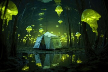 Wall Mural - Bioluminescent Swamp: Camping near a swamp filled with glowing alien flora.