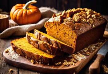 delicious pumpkin bread freshly baked rustic wooden board, food, homemade, tasty, autumn, seasonal, cuisine, kitchen, aroma, fragrant, crust, loaf, golden