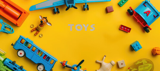 Wall Mural - Top view of colorful toys for children on a yellow background