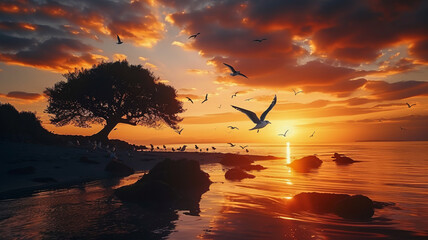 Wall Mural - seagull flying silhouette of tree on rock, AI Generative.