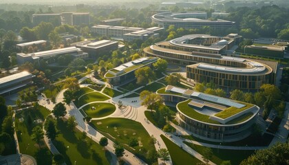 Wall Mural - In the beautiful aerial view, lush green university campus features modern buildings and abundant foliage AIG59