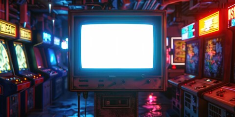 Retro arcade room with blank screen for text or image
