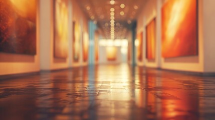 The gallery's empty walls were adorned with abstract paintings, creating a contemporary atmosphere for the art exhibition.