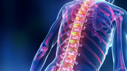 3D Illustration of Human Spine with Highlight on Vertebrae