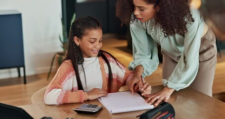 Wall Mural - Mother, girl and force homework in home, education and refuse to learn or work on school project. Mommy, daughter and bored studying for test or assignment, encouragement and speaking on lesson