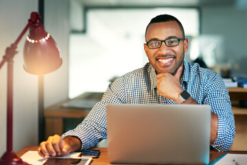 Aufkleber - Laptop, portrait and smile with designer man in office at night for administration or online project. Computer, glasses and web development with person in creative workplace for late evening work