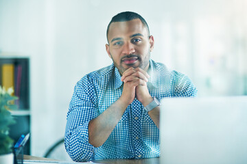 Aufkleber - Businessman, portrait and laptop at desk in office for online research, email and report for company. Male entrepreneur person, internet and connection for feedback, review and survey for information