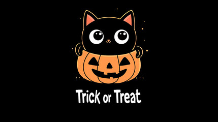 Wall Mural - Halloween cute black cat in a Jack-o-lantern with trick or Treat written under it. Over a black background.