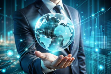 Canvas Print - businessman touching screen with earth map