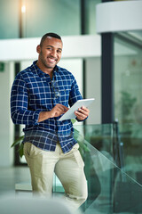 Poster - Black man, portrait and tablet in office with smile for career, social media management for company. Professional, creative or male person with ebook for research with email marketing, happy for post