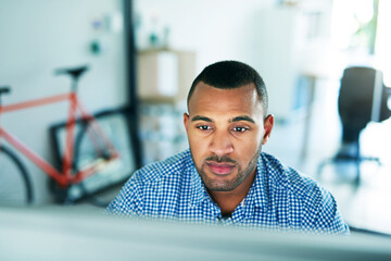 Canvas Print - Businessman, reading and computer at desk in office for online research, email and report for company. Male entrepreneur person, internet and connection for feedback, review and web on project