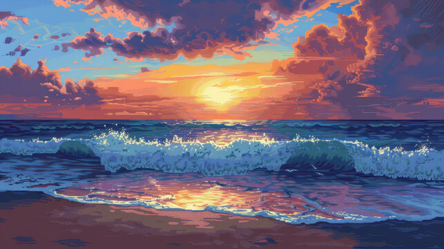 Pixelated beach sunset with detailed sand and ocean waves, pixel seascape, peaceful shore