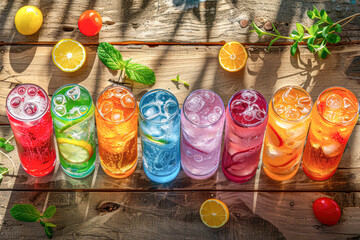 Poster - A row of colorful drinks with a variety of flavors including limeade, lemonade