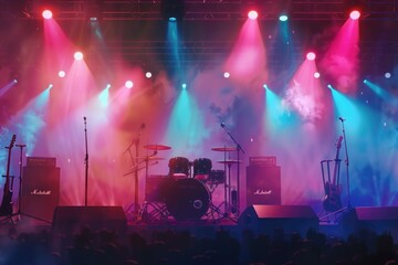 Wall Mural - concert stage on rock festival  music instruments silhouettes  colorful background with copy space