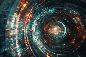 Wall Mural - a digital vortex with swirling glitches, fragments of code and data spiraling towards its corrupted 