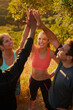 © Sanc/peopleimages.com - Group, high five and people for exercise, nature or happy for solidarity, goal or progress for achievement. Women, men and celebration with teamwork for diversity, transformation or training in bush