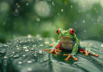 Wall Mural - A cute red eyed tree frog sitting on a leaf in a tropical rainforest, it is raining and water drops are falling from above
