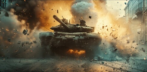 Sticker - A dynamic shot of an Military tank M1 Abrams crashing through a barricade into a city street Dust and debris explode outward