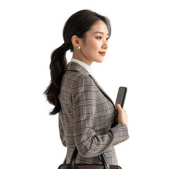 Wall Mural - Portrait of beautiful asian young businesswoman in a suit with holding using smart phone and standing posing carrying a bag, beauty fashion concept, isolated on white background, png