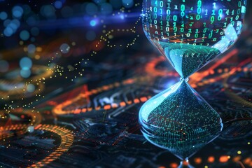 Wall Mural - a pixel art hourglass filled with swirling binary code instead of sand, emphasizing the urgency of t