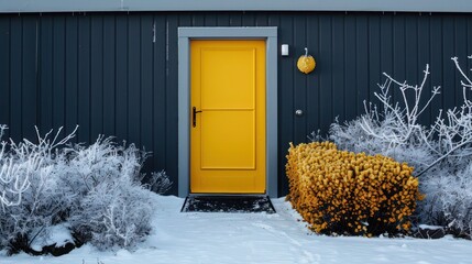 bright lemon yellow door with sleek styling on a dark grey house, cheerful and inviting against the frosty backdrop