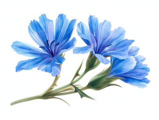 Three delicate blue flowers with green stems and buds isolated on white background.