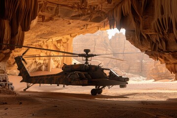 An Attack Helicopters AH-64 Apache emerges from a hidden desert cave, its camouflage paint blending seamlessly