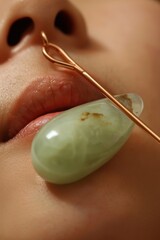 Wall Mural - Close-up of a jade roller gliding across a persons cheek, promoting lymphatic drainage