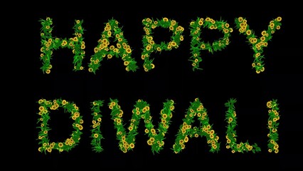 Wall Mural - Happy Diwali text with green leaves and yellow daisy flowers on plain black background