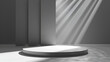 © zubair foods - Modern white and gray geometric pedestal podium with green palm leaf, Platform in shadow, Abstract white and gray minimal wall scene, rendering 3d shape cosmetic product display presentation