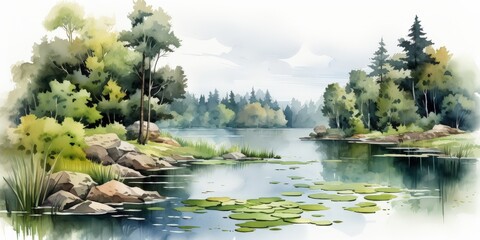 Wall Mural - Watercolor Landscape of a Tranquil Lake in a Forest