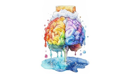 Wall Mural - hand-drawn watercolor illustration of a human brain being washed with soap, bubbles and foam around the bar of soap, brain washing theme, babybohocore style