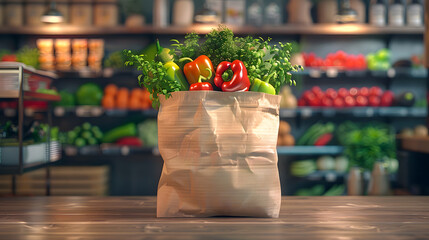 Supermarket. Paper bag full of healthy food.