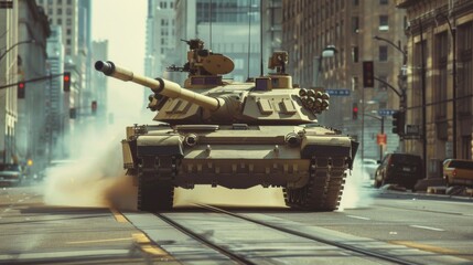 Sticker - A dramatic low-angle shot of an Military tank M1 Abrams rolling down a city boulevard, its gun turret scanning rooftops and windows for potential threats