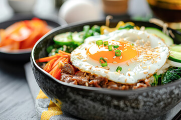 Wall Mural - A bowl of food with a fried egg on top and a variety of vegetables