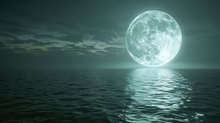 a large blue moon is reflected in the calm water of the ocean