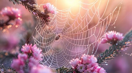 A spider web is seen on a pink flower
