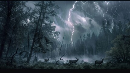 Wall Mural - Three deer are running through a forest during a storm