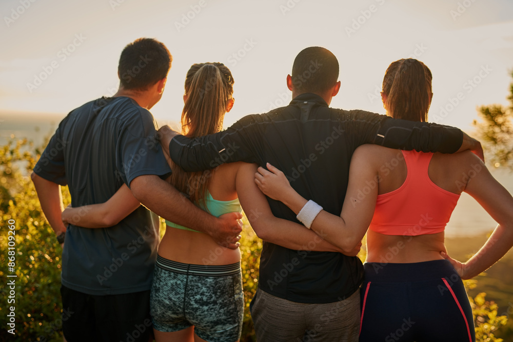 Hug Backwards Exercise People, hug and back in nature for fitness with view, solidarity and ...