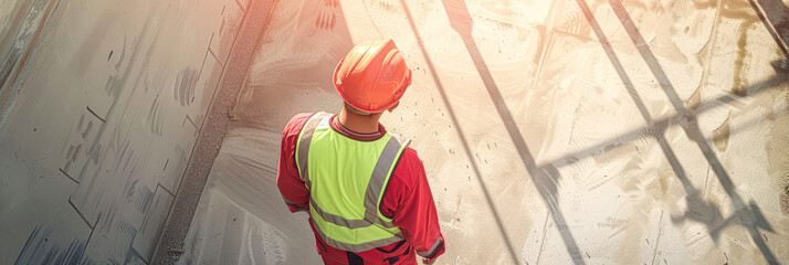 Wall Mural - Professional Construction Worker Inspecting Urban Development Site with Safety Gear, Copyspace Available