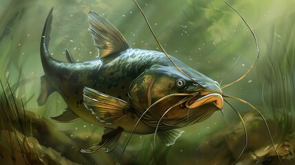Wall Mural - Graceful catfish with long whiskers, swimming in a river, solitary, detailed, vibrant.